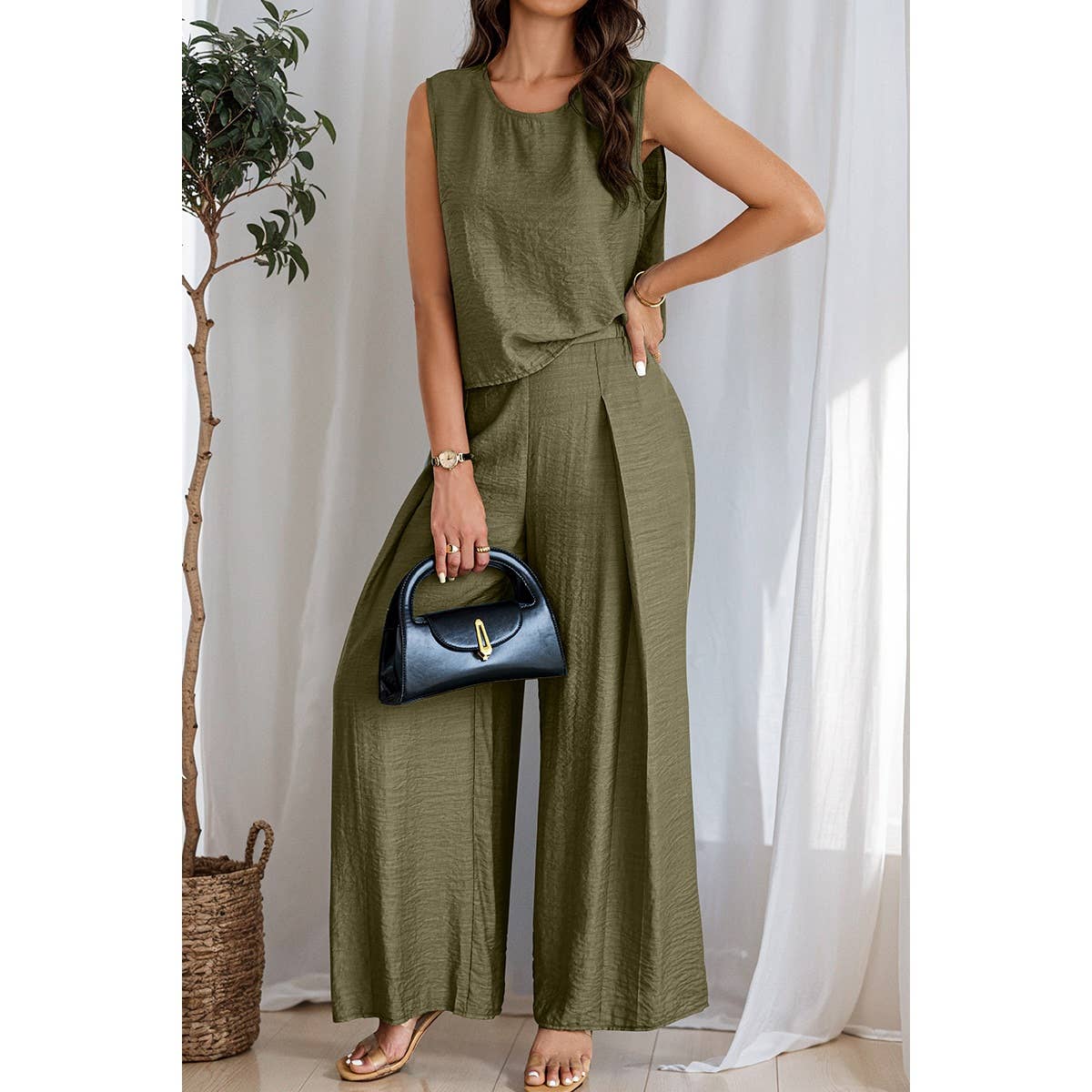 Two Pieces Solid Tank Wide Leg Pants Set - MVTFASHION.COM