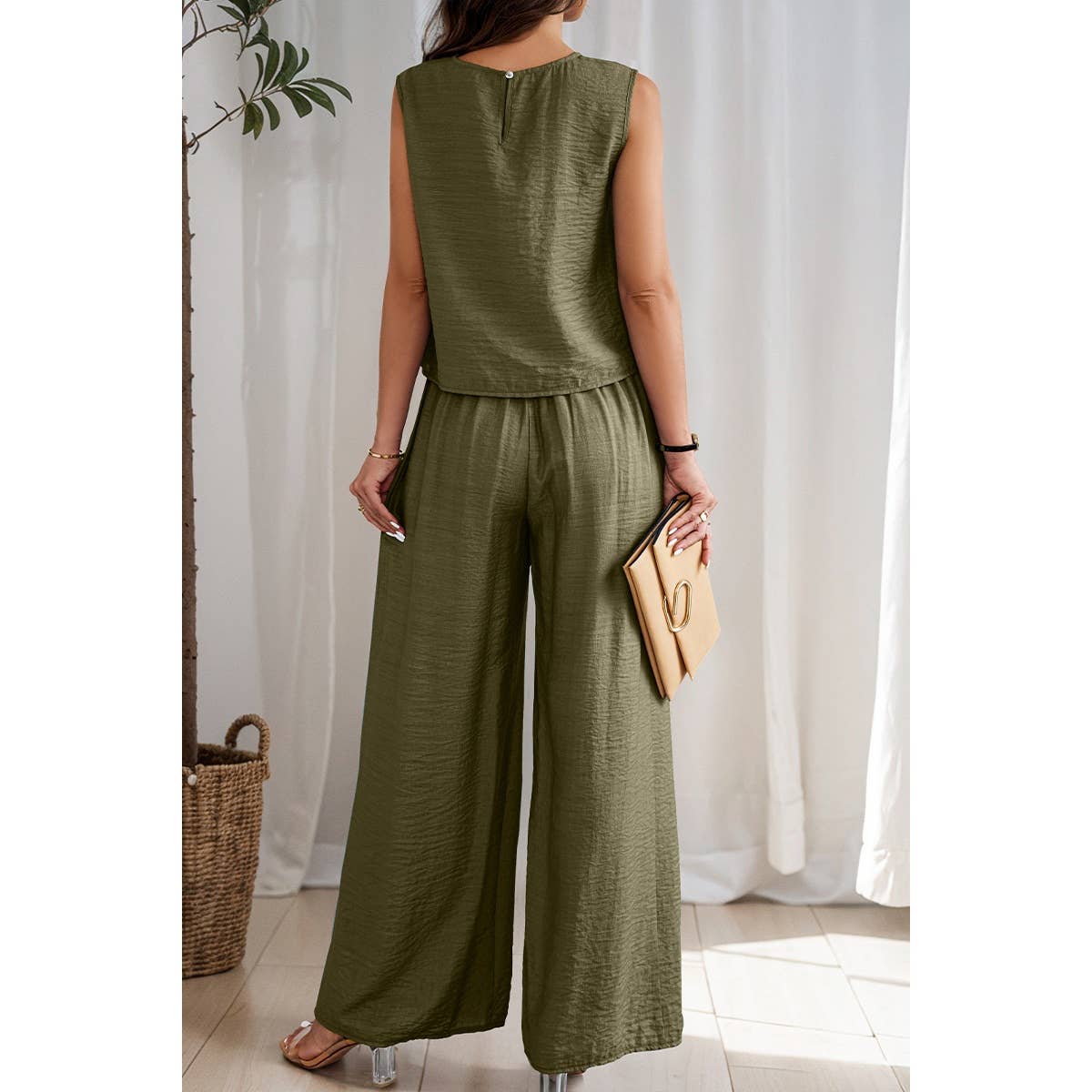 Two Pieces Solid Tank Wide Leg Pants Set - MVTFASHION.COM