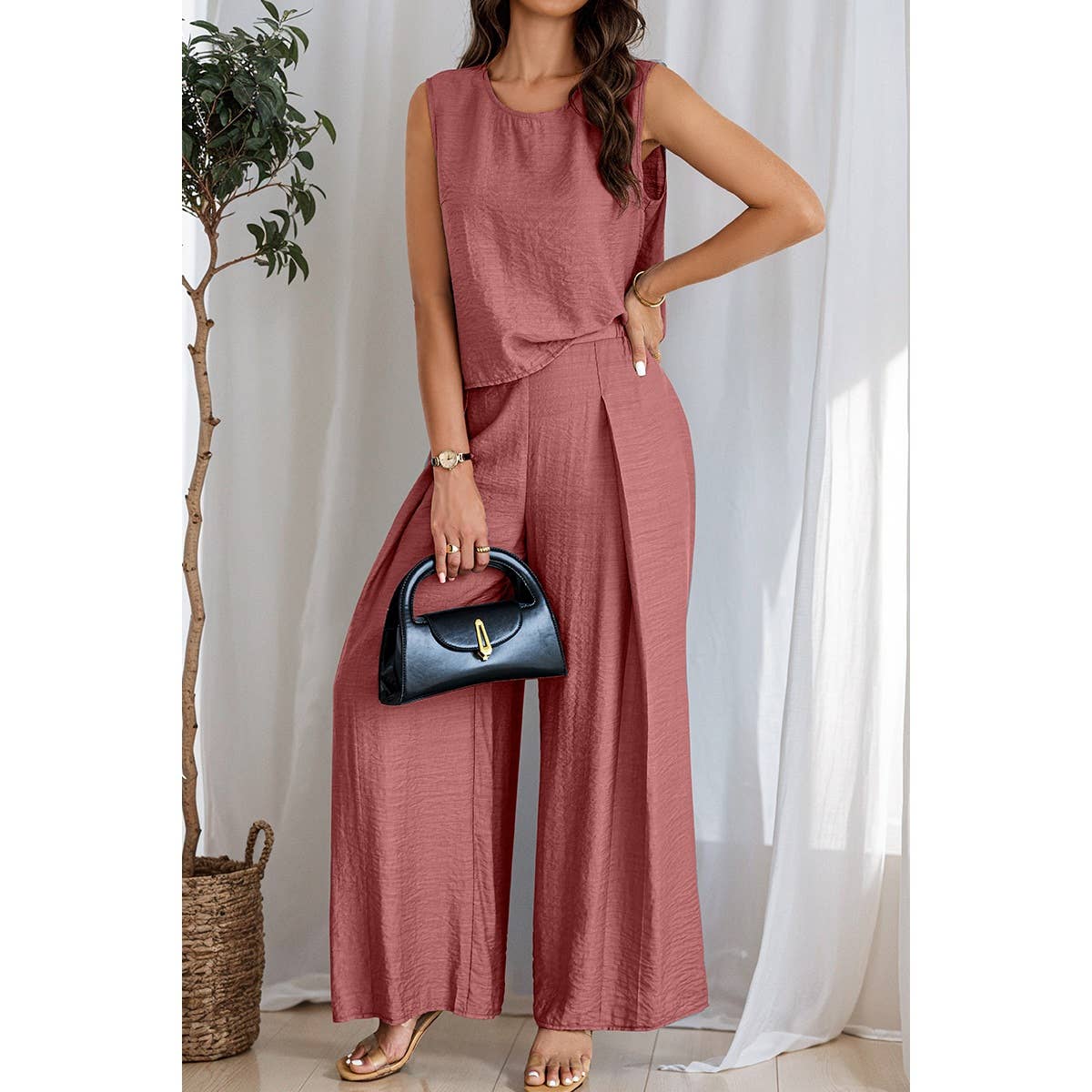Two Pieces Solid Tank Wide Leg Pants Set - MVTFASHION.COM