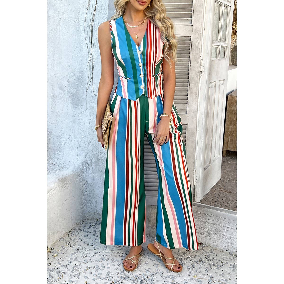 Two Pieces Stripe V Neck Button Wide Leg Sets - MVTFASHION.COM