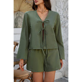 Two Pieces Tie Open Front V Neck Long Sleeve Sets - MVTFASHION.COM