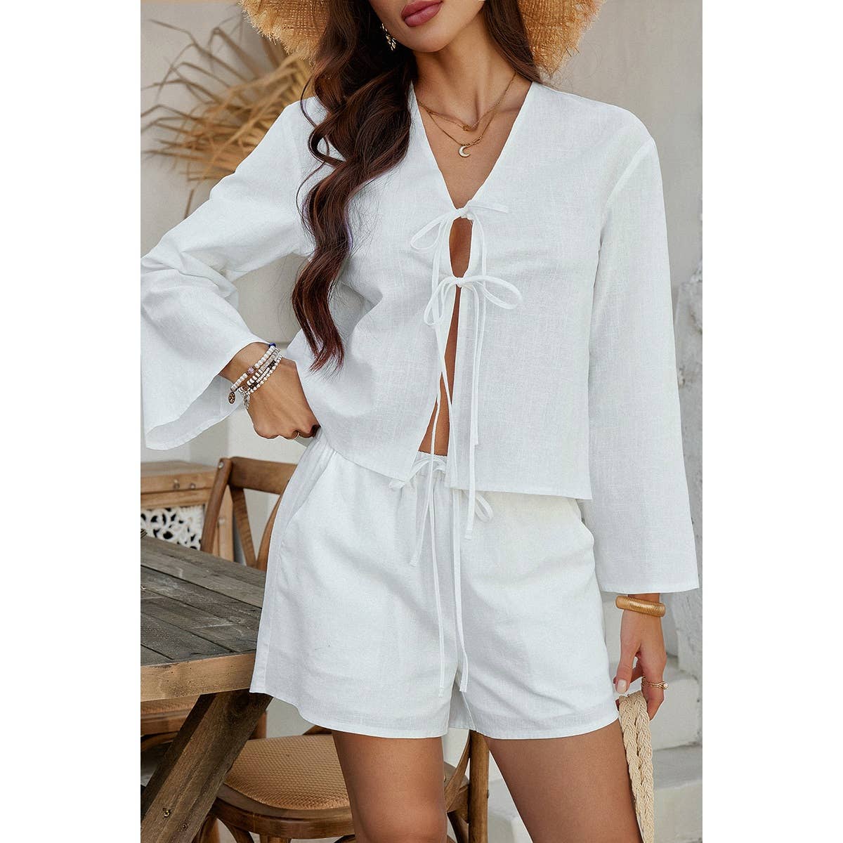Two Pieces Tie Open Front V Neck Long Sleeve Sets - MVTFASHION.COM