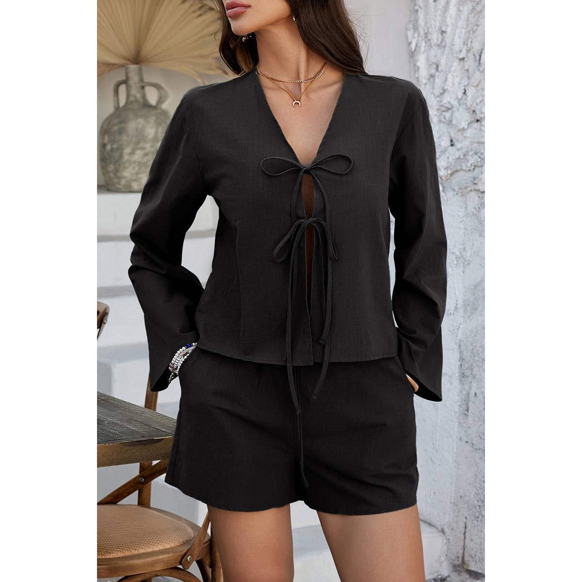 Two Pieces Tie Open Front V Neck Long Sleeve Sets - MVTFASHION.COM