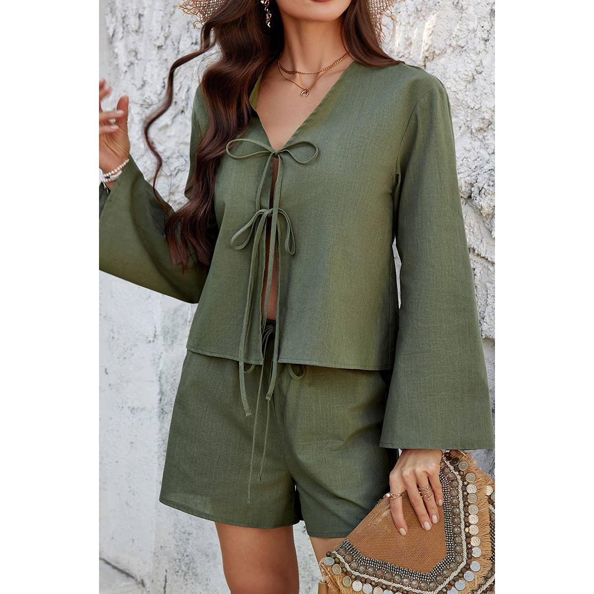 Two Pieces Tie Open Front V Neck Long Sleeve Sets - MVTFASHION.COM