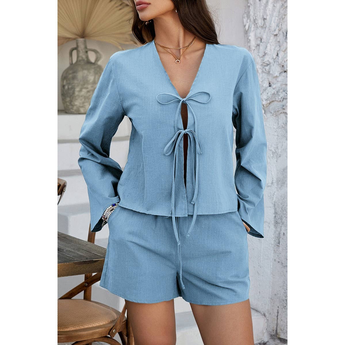 Two Pieces Tie Open Front V Neck Long Sleeve Sets - MVTFASHION.COM