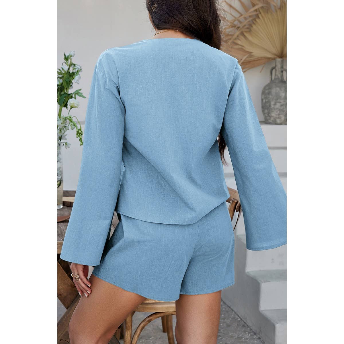 Two Pieces Tie Open Front V Neck Long Sleeve Sets - MVTFASHION.COM