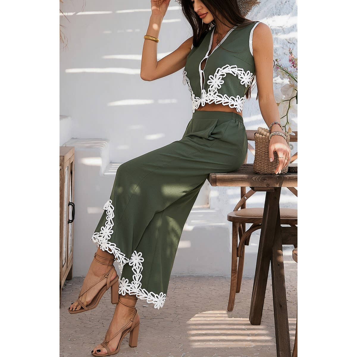 Two Pieces V Neck Button Lace Decorate Long Pants Set - MVTFASHION.COM