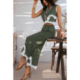 Two Pieces V Neck Button Lace Decorate Long Pants Set - MVTFASHION.COM