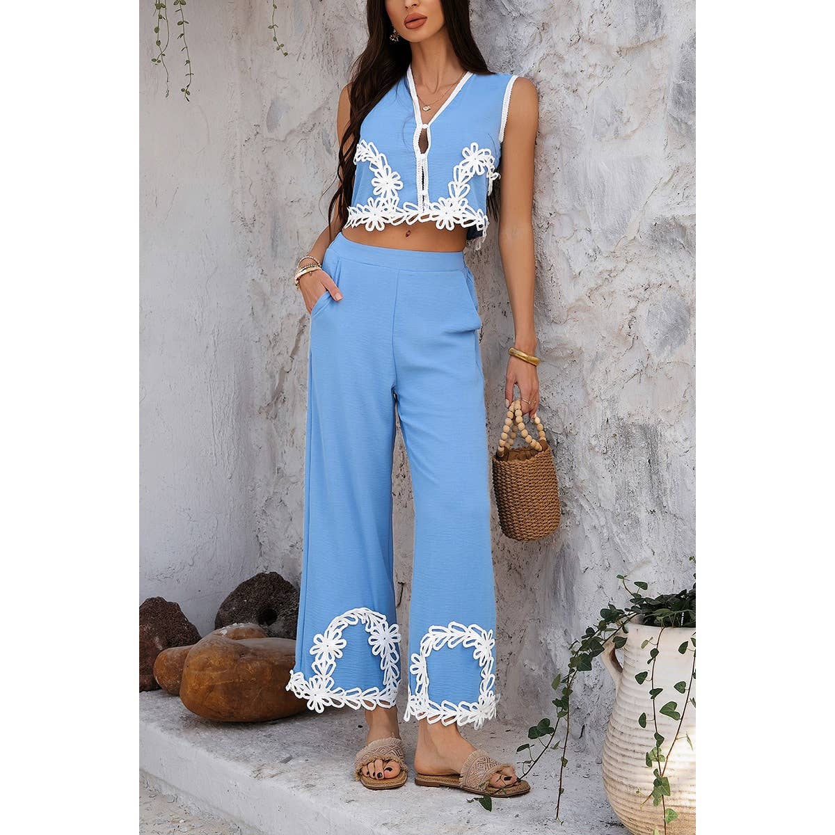 Two Pieces V Neck Button Lace Decorate Long Pants Set - MVTFASHION.COM