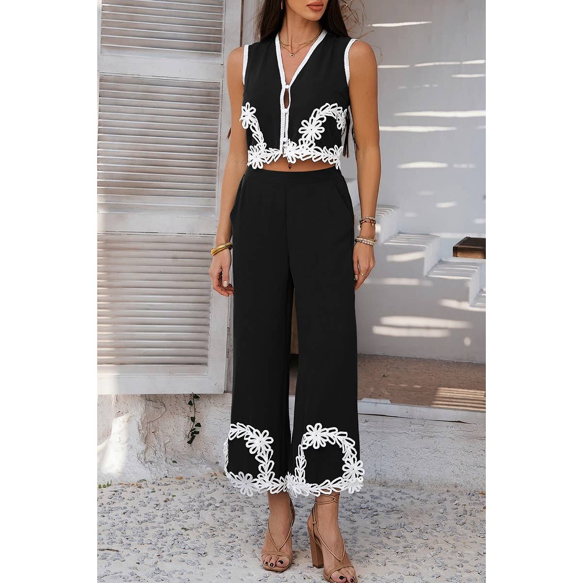 Two Pieces V Neck Button Lace Decorate Long Pants Set - MVTFASHION.COM
