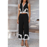 Two Pieces V Neck Button Lace Decorate Long Pants Set - MVTFASHION.COM