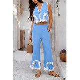 Two Pieces V Neck Button Lace Decorate Long Pants Set - MVTFASHION.COM