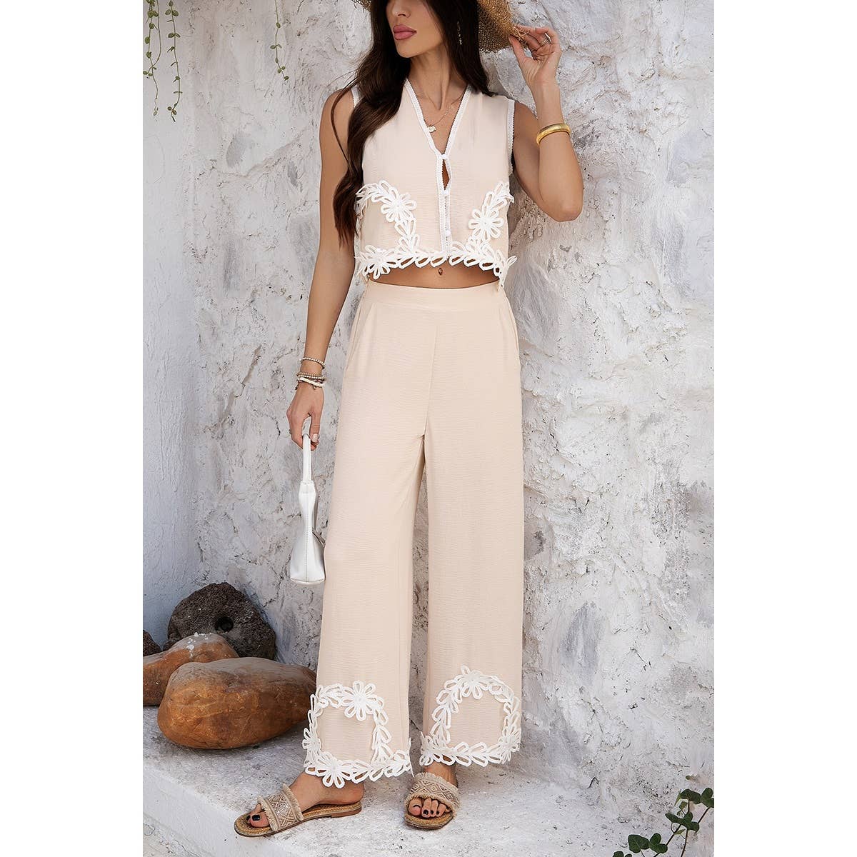 Two Pieces V Neck Button Lace Decorate Long Pants Set - MVTFASHION.COM