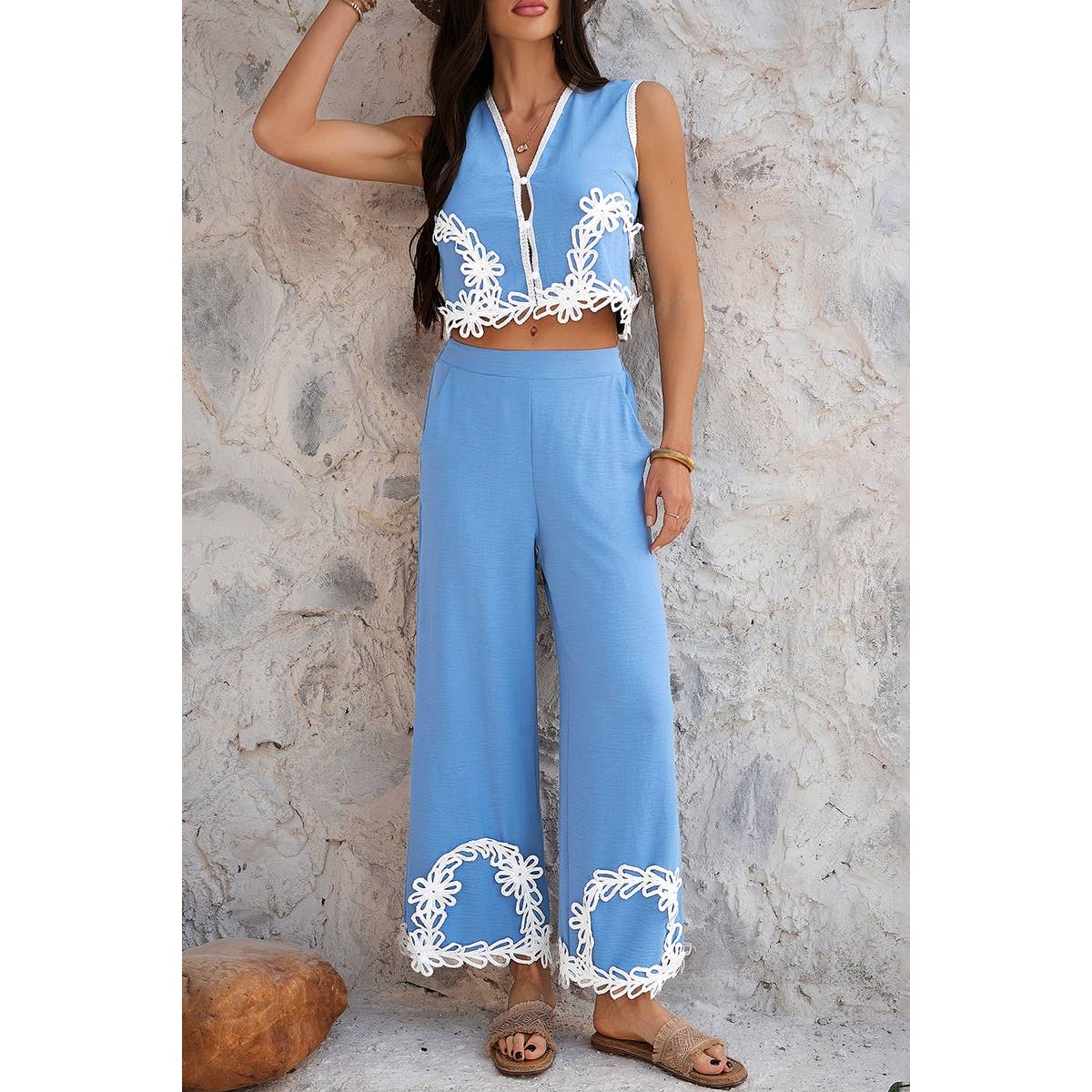 Two Pieces V Neck Button Lace Decorate Long Pants Set - MVTFASHION.COM