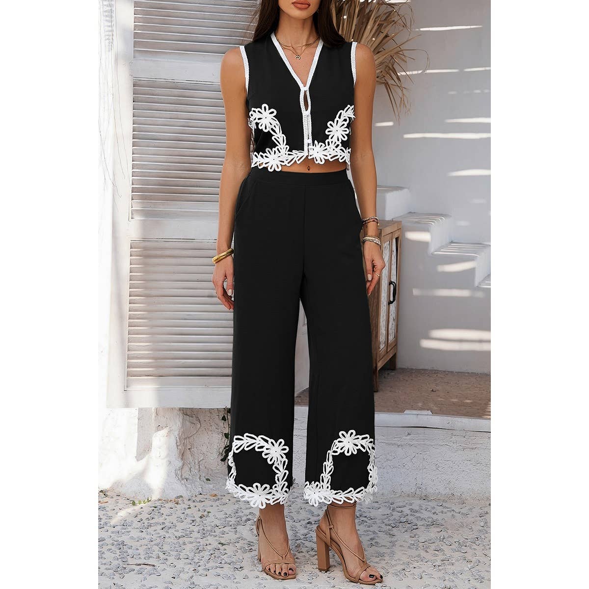 Two Pieces V Neck Button Lace Decorate Long Pants Set - MVTFASHION.COM