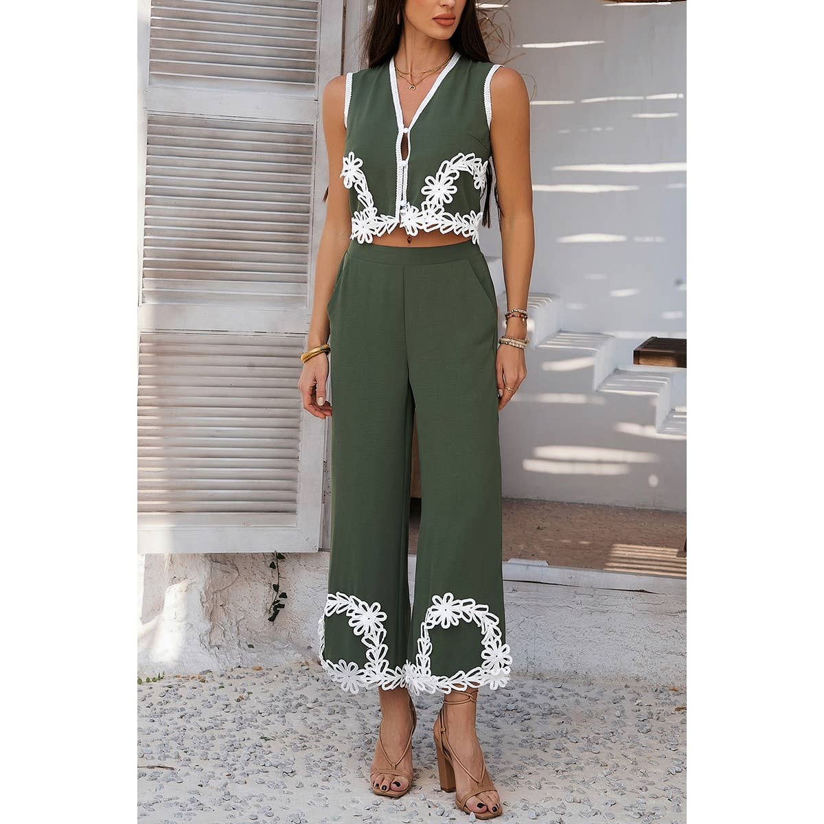 Two Pieces V Neck Button Lace Decorate Long Pants Set - MVTFASHION.COM