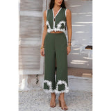 Two Pieces V Neck Button Lace Decorate Long Pants Set - MVTFASHION.COM