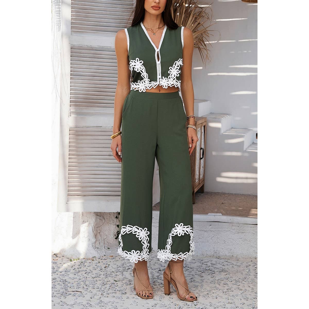 Two Pieces V Neck Button Lace Decorate Long Pants Set - MVTFASHION.COM