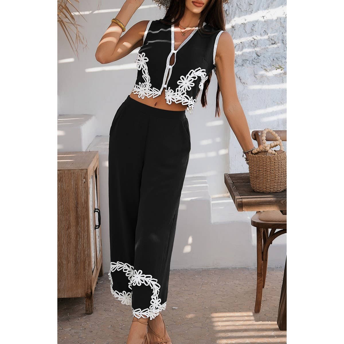 Two Pieces V Neck Button Lace Decorate Long Pants Set - MVTFASHION.COM