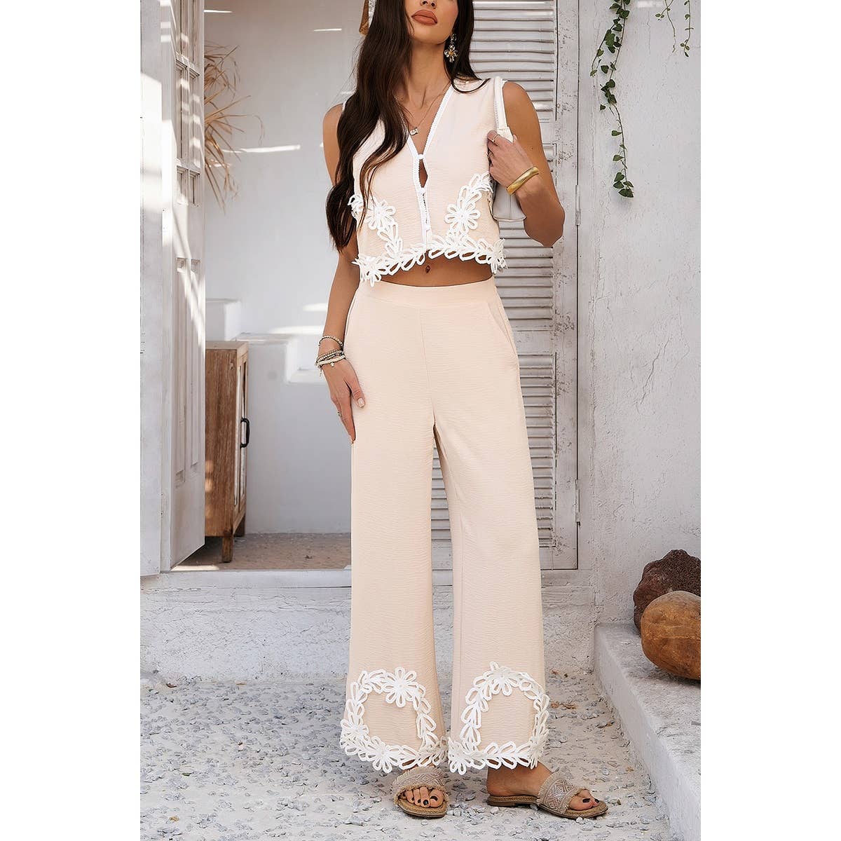 Two Pieces V Neck Button Lace Decorate Long Pants Set - MVTFASHION.COM