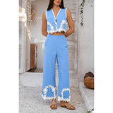 Two Pieces V Neck Button Lace Decorate Long Pants Set - MVTFASHION.COM