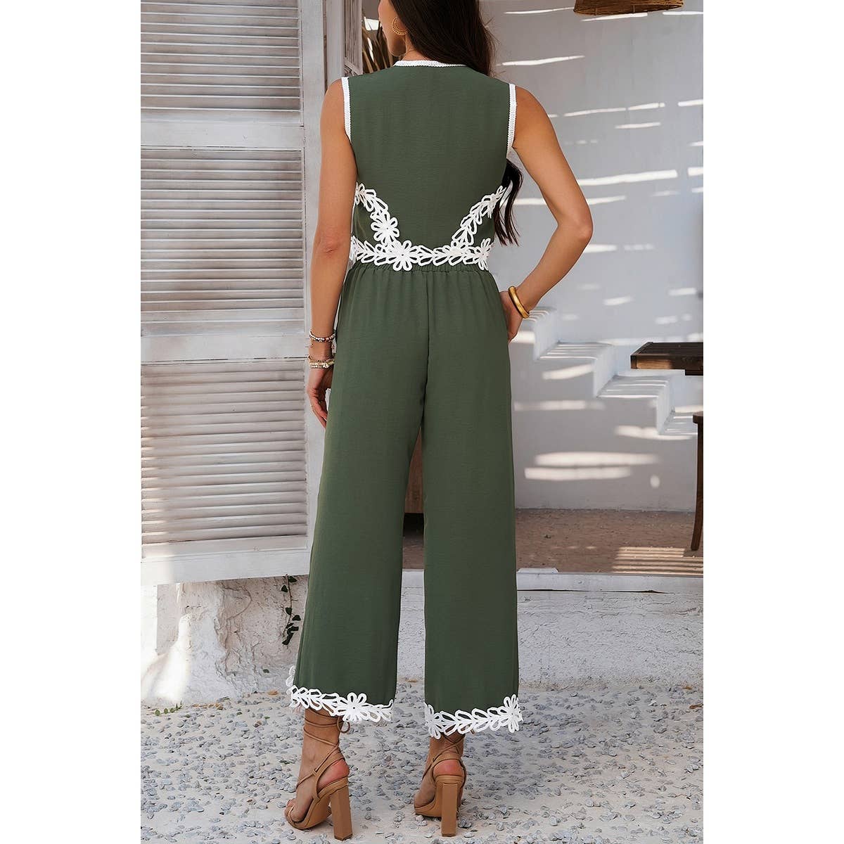 Two Pieces V Neck Button Lace Decorate Long Pants Set - MVTFASHION.COM