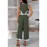 Two Pieces V Neck Button Lace Decorate Long Pants Set - MVTFASHION.COM