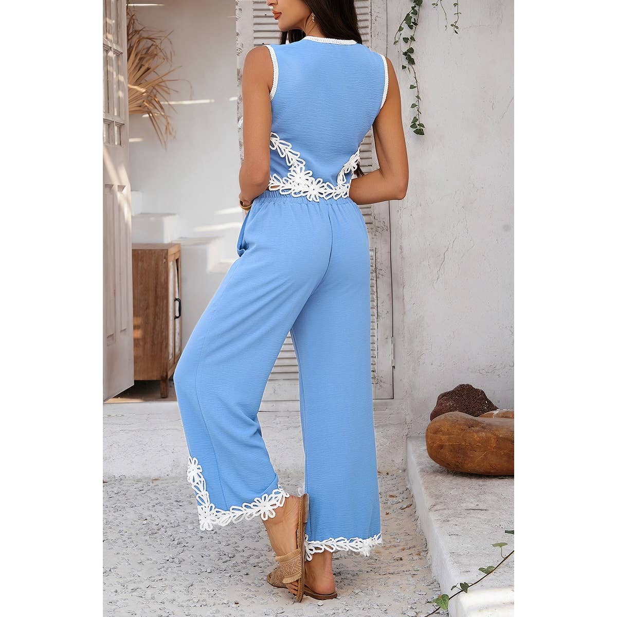 Two Pieces V Neck Button Lace Decorate Long Pants Set - MVTFASHION.COM