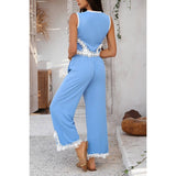 Two Pieces V Neck Button Lace Decorate Long Pants Set - MVTFASHION.COM