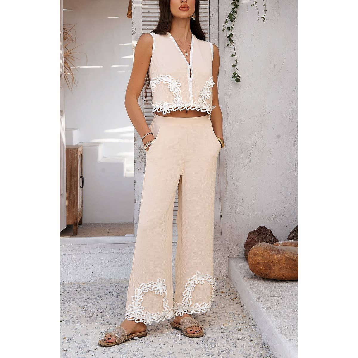 Two Pieces V Neck Button Lace Decorate Long Pants Set - MVTFASHION.COM