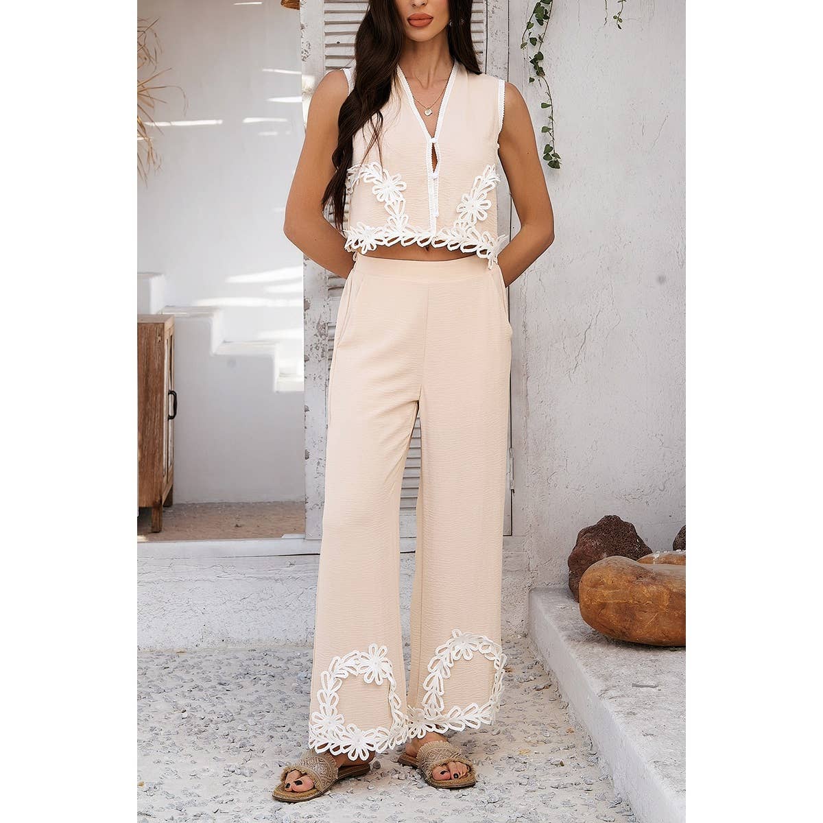 Two Pieces V Neck Button Lace Decorate Long Pants Set - MVTFASHION.COM