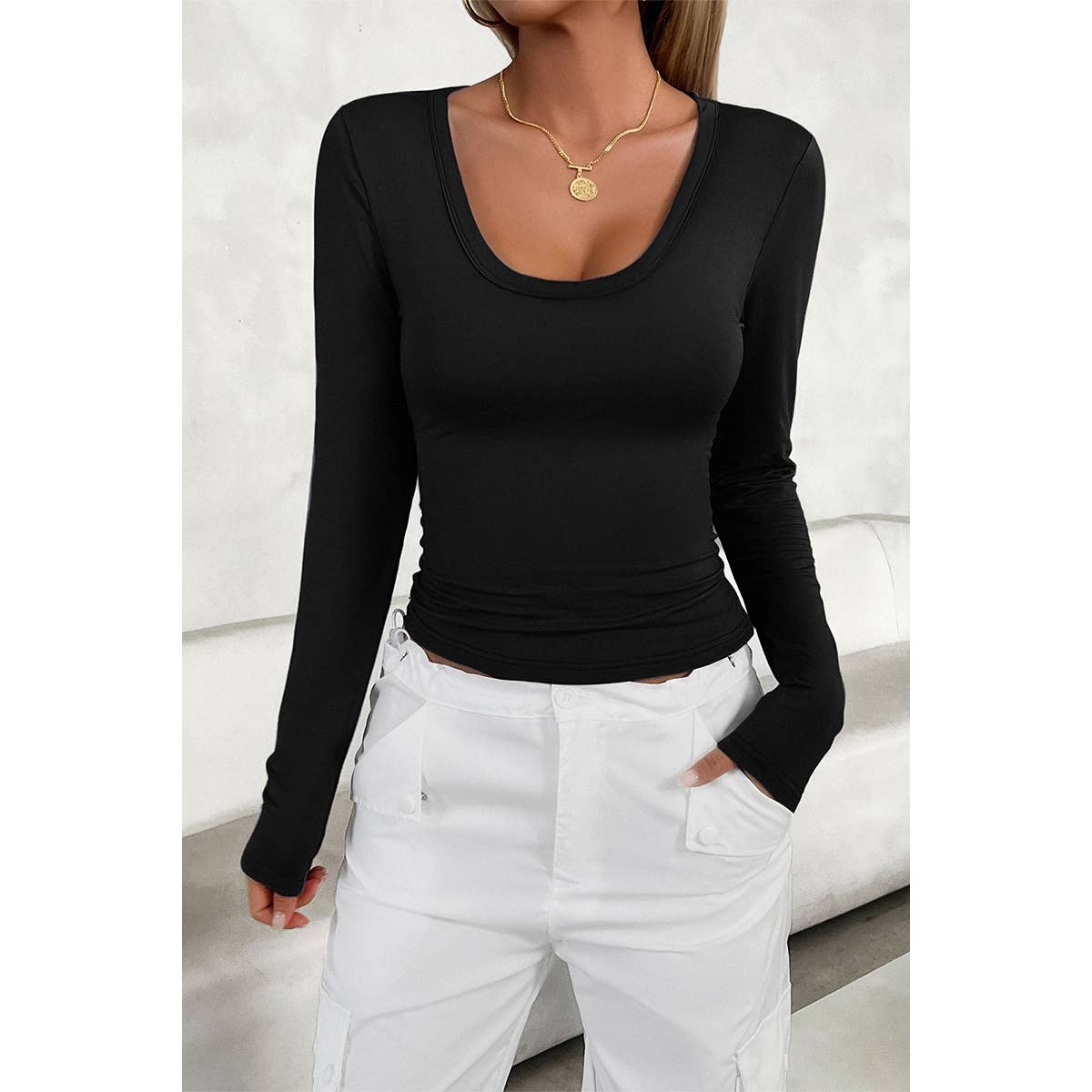 U Neck Solid Active Slim Fit Elastic Pullover Top - MVTFASHION.COM