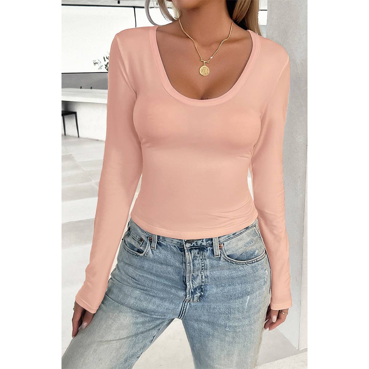 U Neck Solid Active Slim Fit Elastic Pullover Top - MVTFASHION.COM