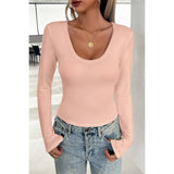 U Neck Solid Active Slim Fit Elastic Pullover Top - MVTFASHION.COM