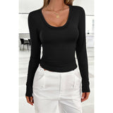 U Neck Solid Active Slim Fit Elastic Pullover Top - MVTFASHION.COM