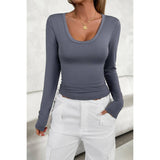 U Neck Solid Active Slim Fit Elastic Pullover Top - MVTFASHION.COM