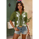 V Neck Boho Puff Short Sleeve Button Down Shirt - MVTFASHION.COM