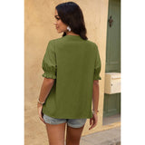V Neck Boho Puff Short Sleeve Button Down Shirt - MVTFASHION.COM