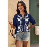 V Neck Boho Puff Short Sleeve Button Down Shirt - MVTFASHION.COM