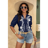 V Neck Boho Puff Short Sleeve Button Down Shirt - MVTFASHION.COM