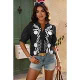 V Neck Boho Puff Short Sleeve Button Down Shirt - MVTFASHION.COM