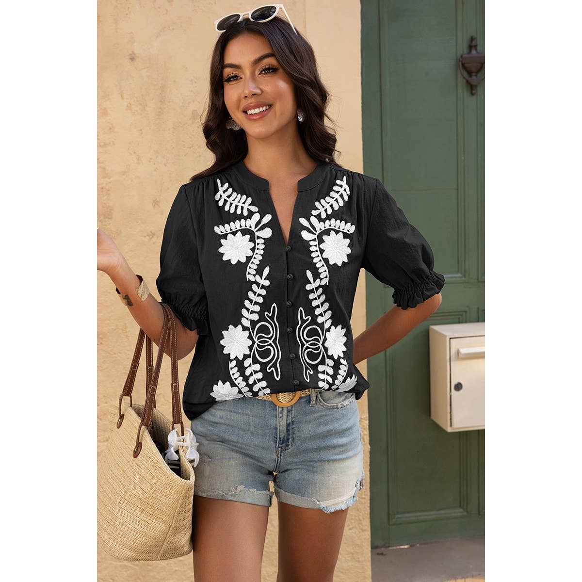 V Neck Boho Puff Short Sleeve Button Down Shirt - MVTFASHION.COM