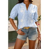 V Neck Boho Puff Short Sleeve Button Down Shirt - MVTFASHION.COM