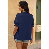 V Neck Boho Puff Short Sleeve Button Down Shirt - MVTFASHION.COM