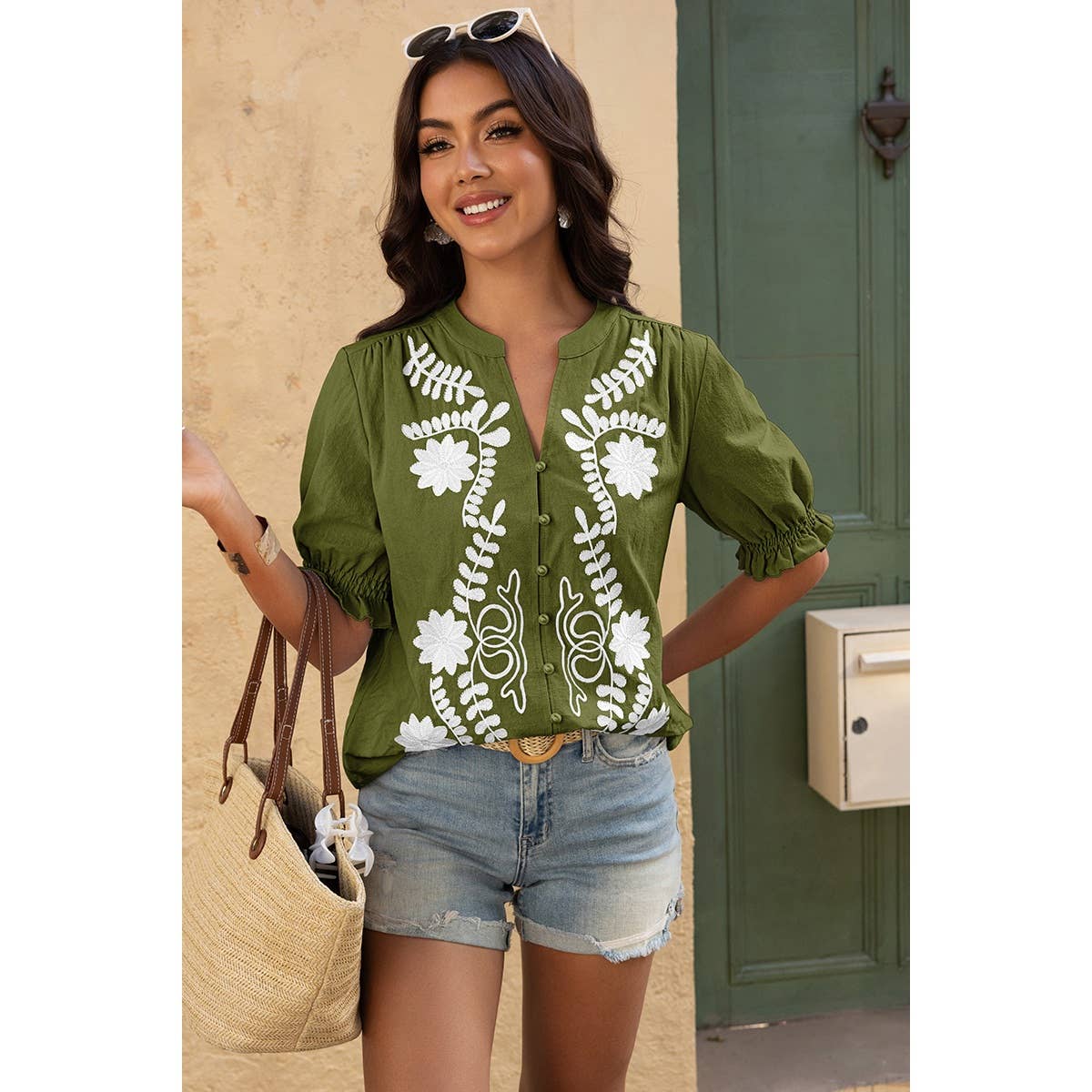 V Neck Boho Puff Short Sleeve Button Down Shirt - MVTFASHION.COM