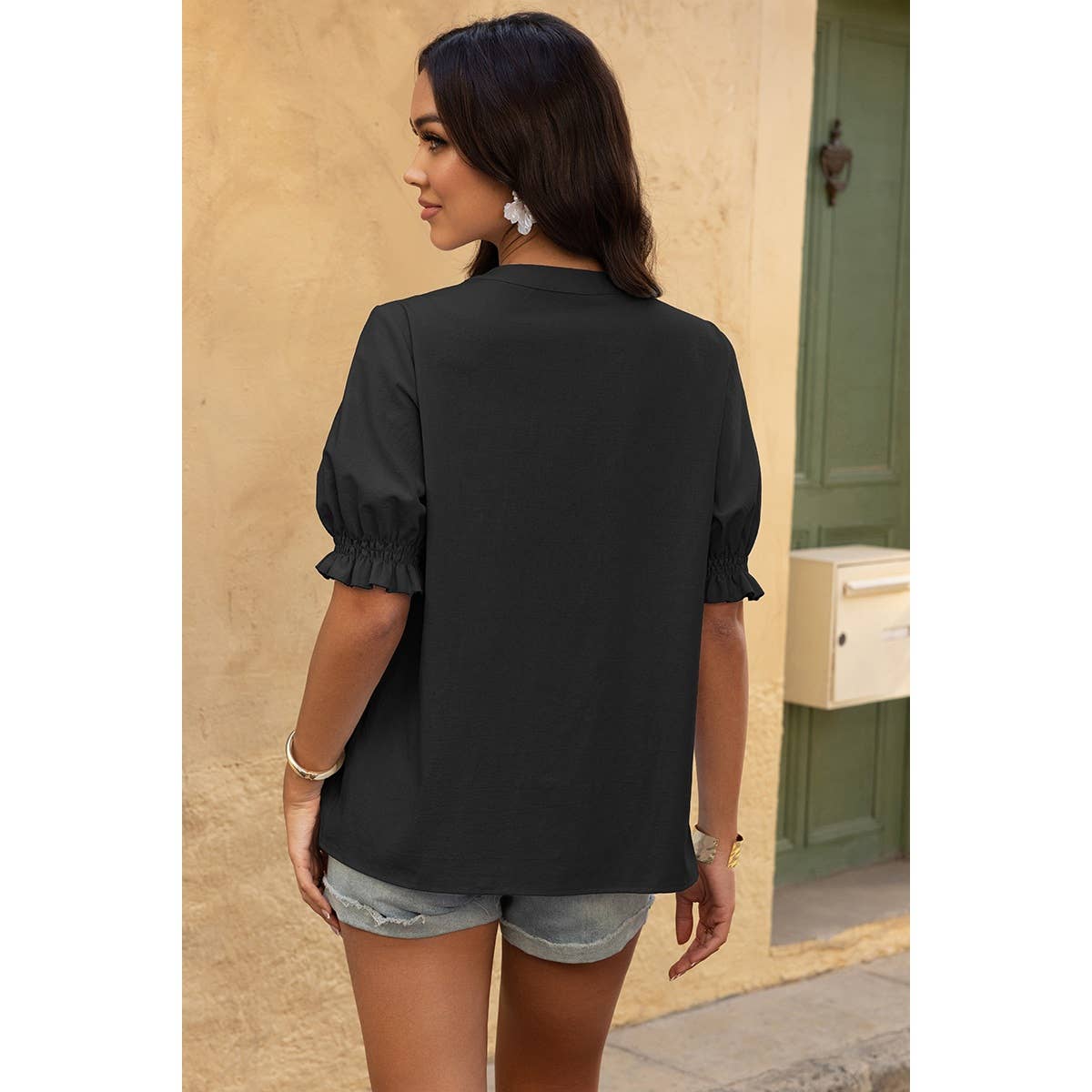 V Neck Boho Puff Short Sleeve Button Down Shirt - MVTFASHION.COM