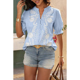 V Neck Boho Puff Short Sleeve Button Down Shirt - MVTFASHION.COM