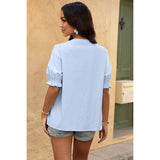 V Neck Boho Puff Short Sleeve Button Down Shirt - MVTFASHION.COM