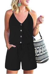 V Neck Button Down Drawstring Romper - Clearance - MVTFASHION.COM