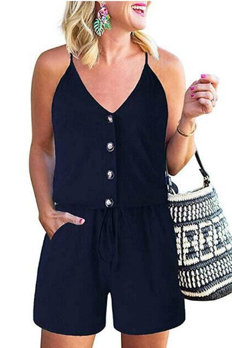 V Neck Button Down Drawstring Romper - Clearance - MVTFASHION.COM